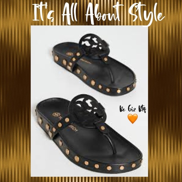 NWT Tory Burch Miller Cloud  Gold Coin Thong Sandals Perfect Black Size 11 M - Picture 3 of 13